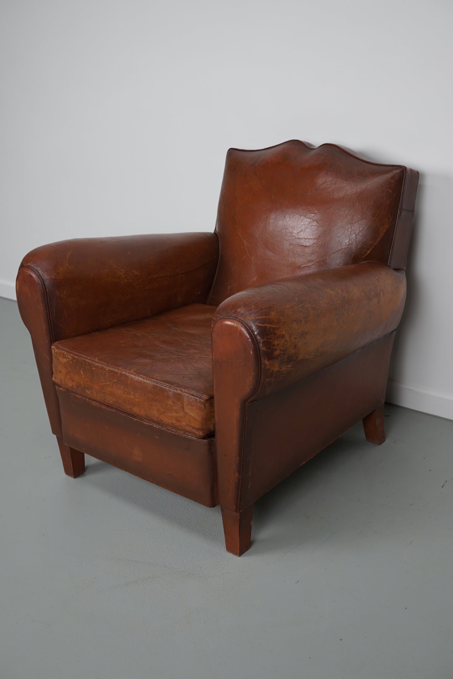 Vintage French Moustache Back Cognac-Colored Leather Club Chair, 1940s