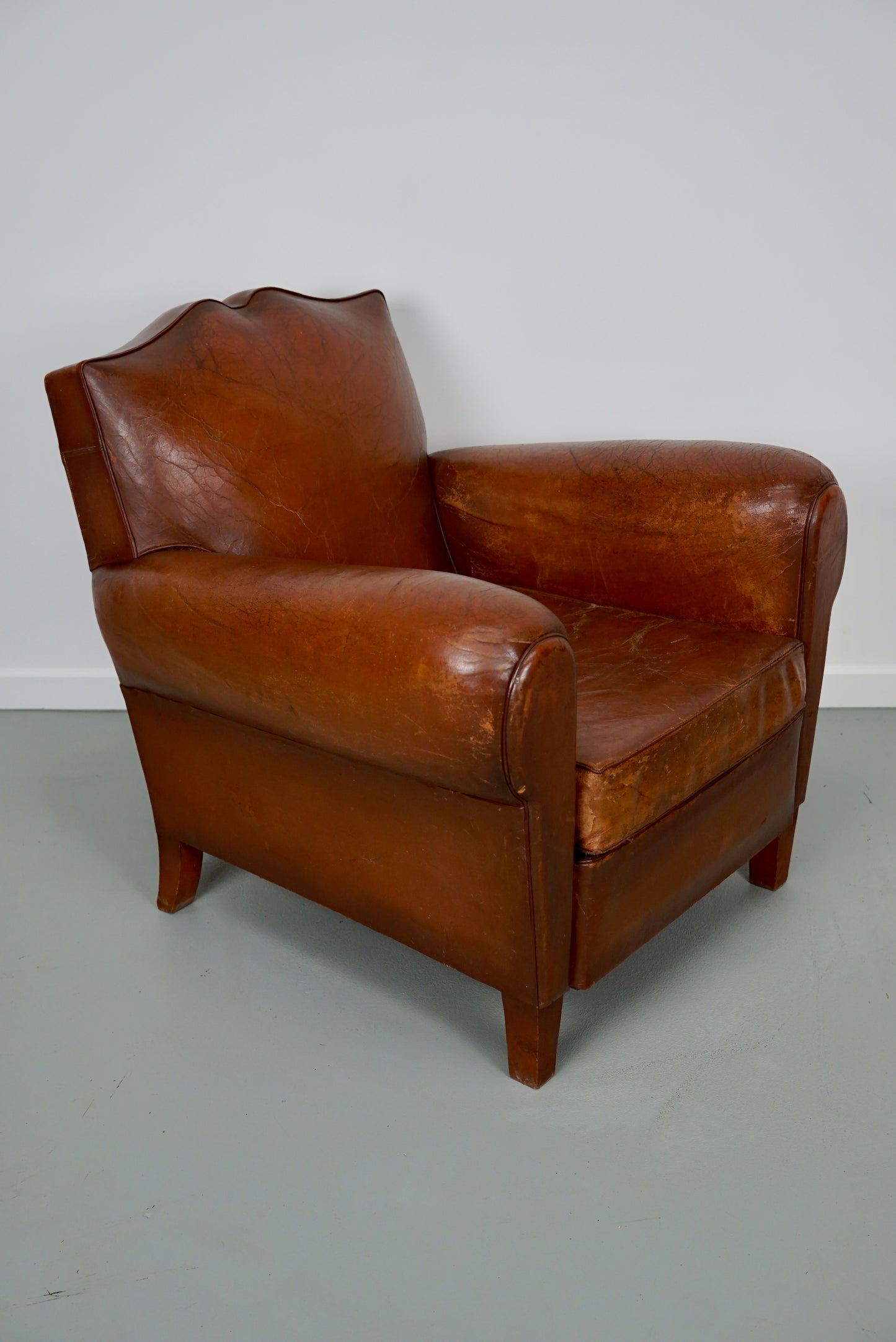 Vintage French Moustache Back Cognac-Colored Leather Club Chair, 1940s