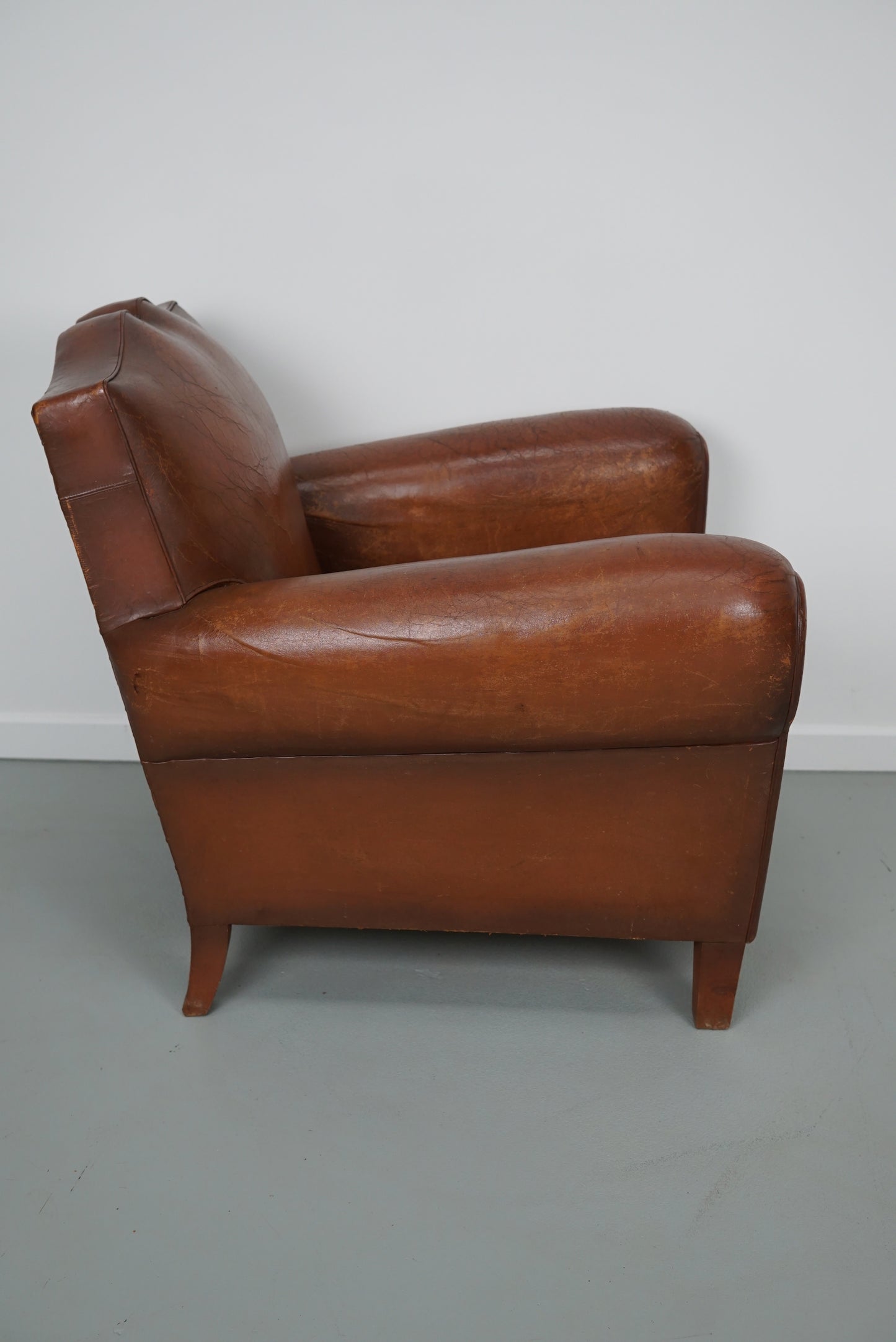 Vintage French Moustache Back Cognac-Colored Leather Club Chair, 1940s