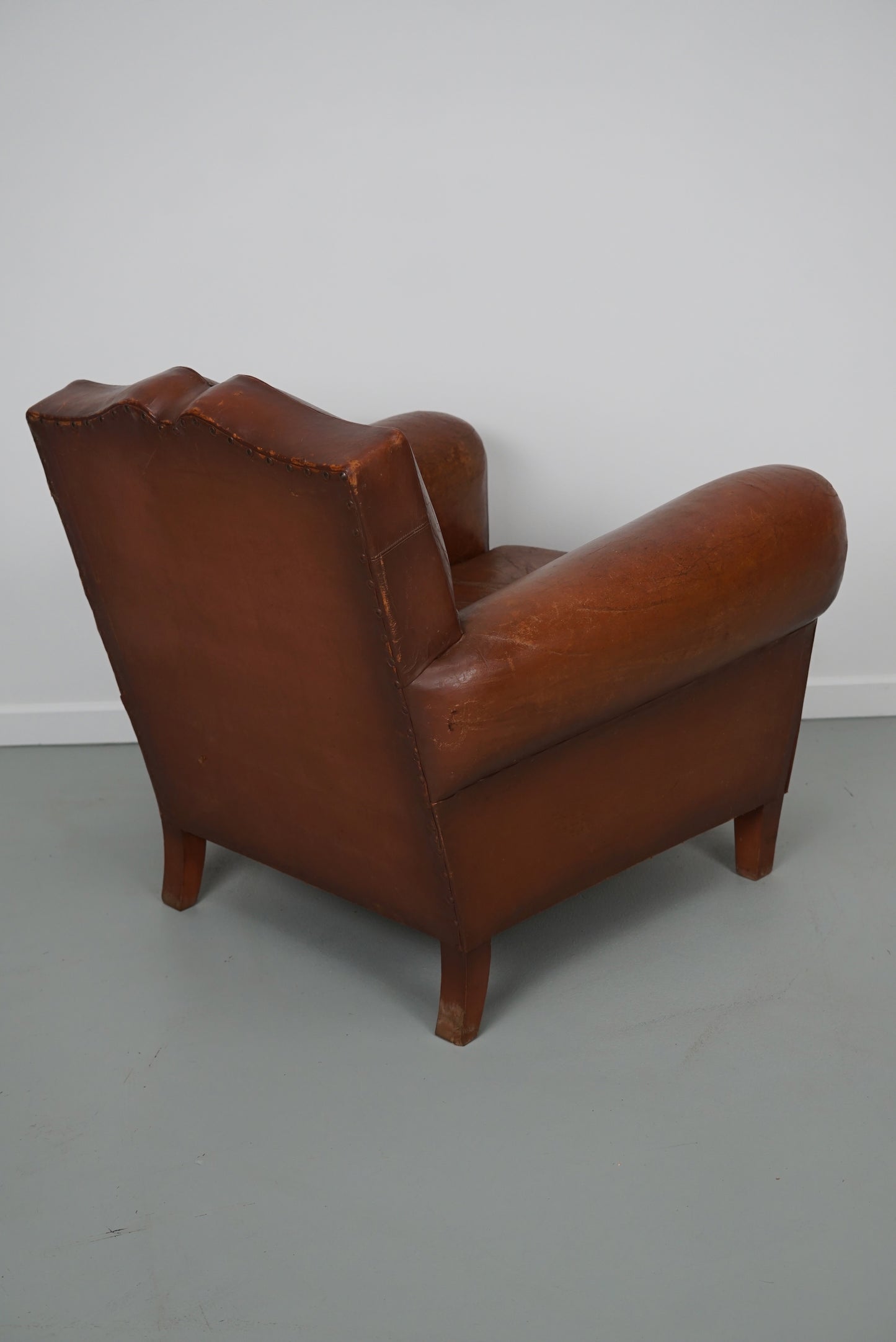 Vintage French Moustache Back Cognac-Colored Leather Club Chair, 1940s
