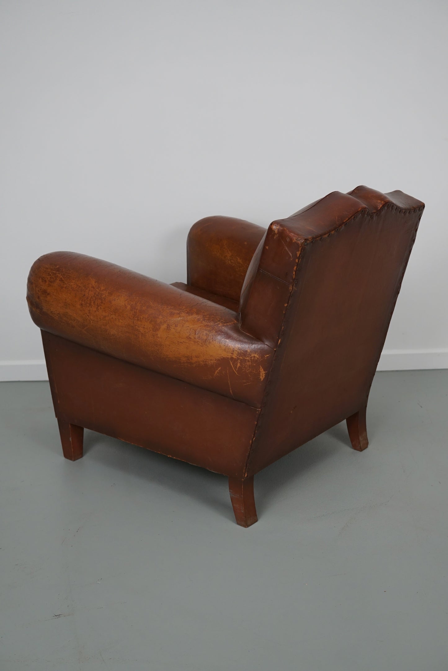 Vintage French Moustache Back Cognac-Colored Leather Club Chair, 1940s