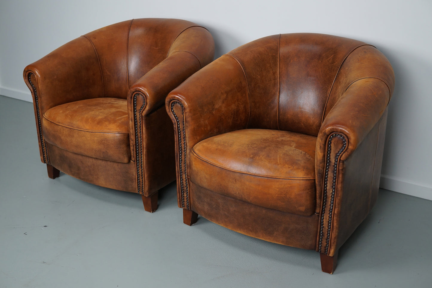 Vintage Dutch Cognac Colored Leather Club Chair, Set of 2