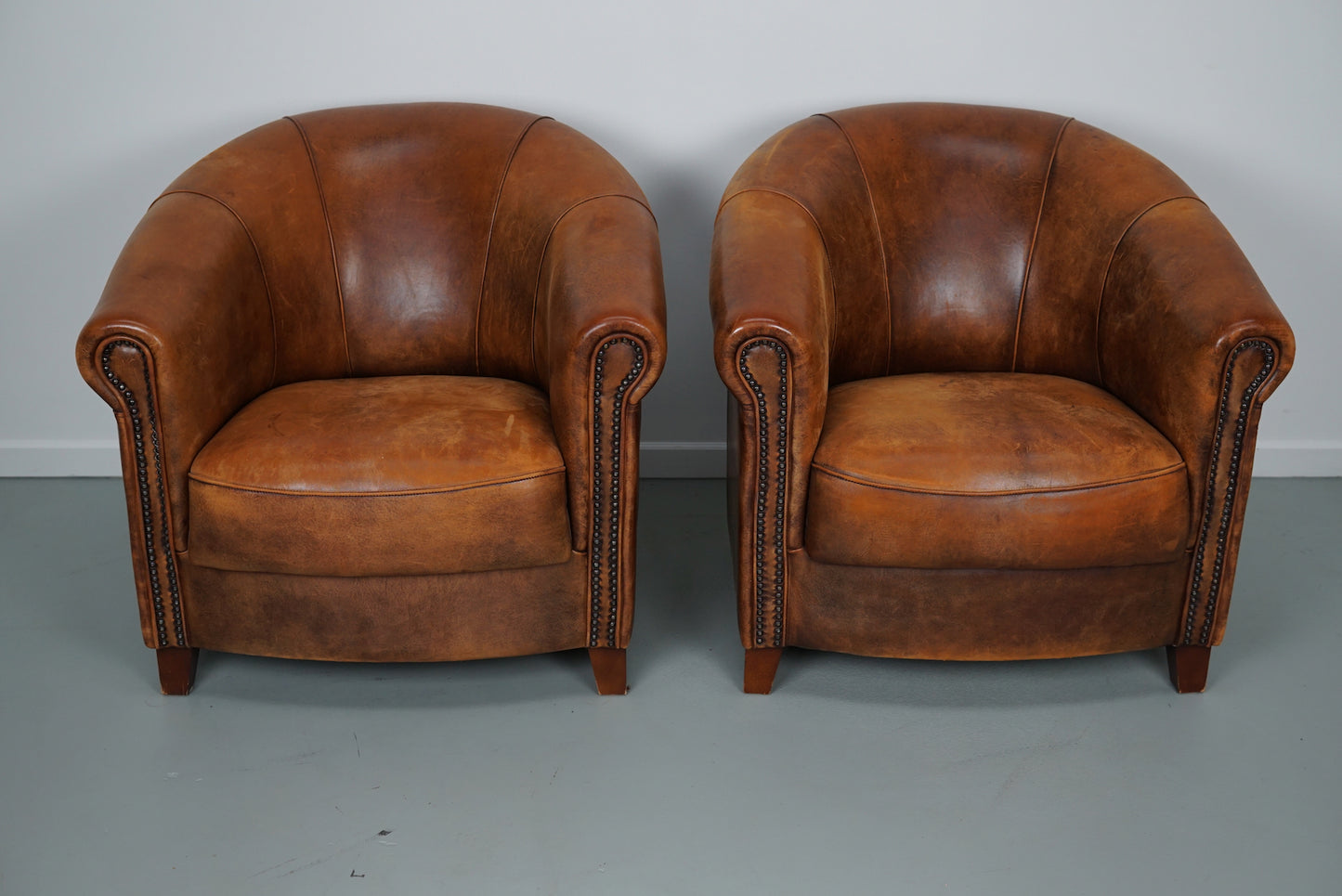 Vintage Dutch Cognac Colored Leather Club Chair, Set of 2