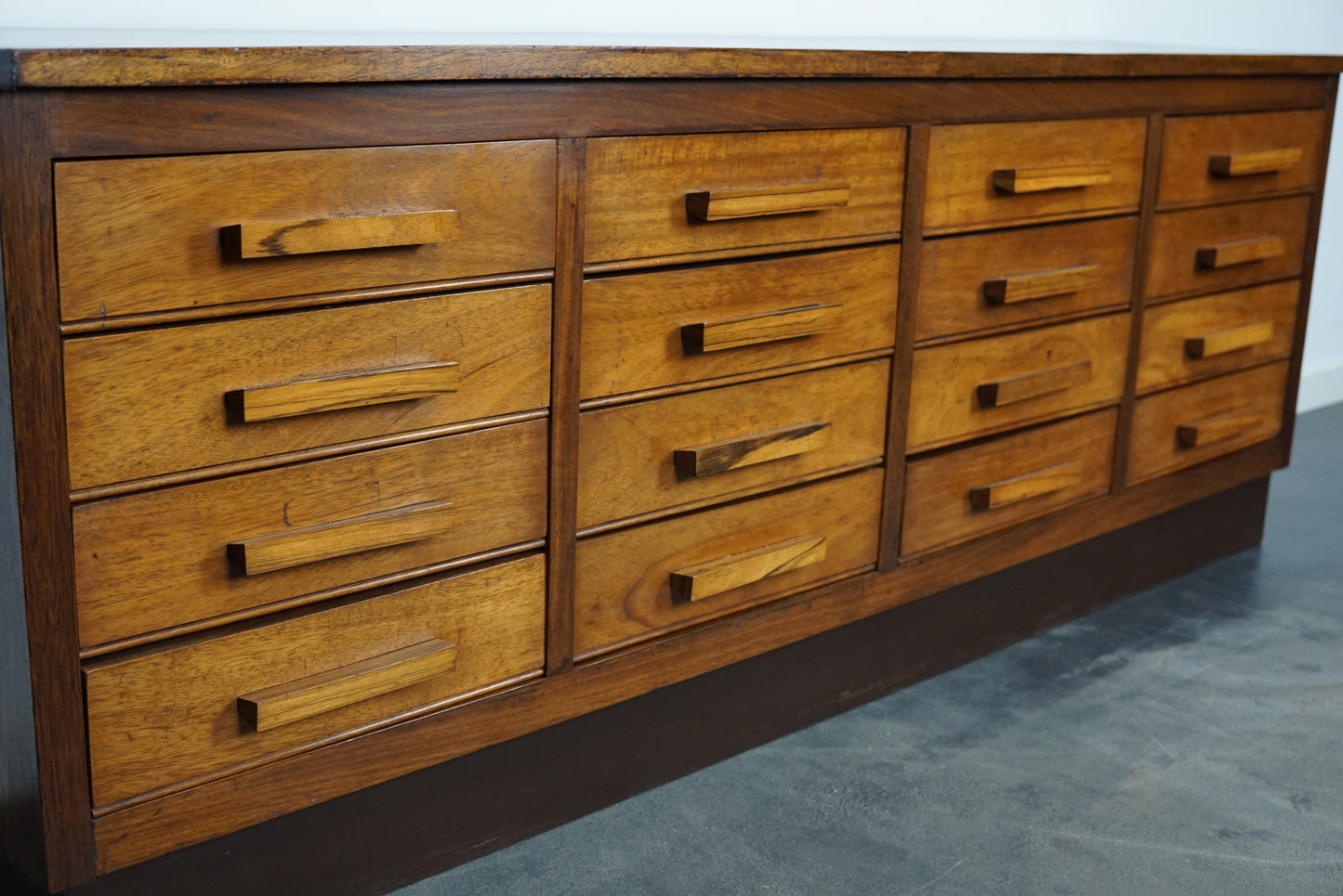 German Industrial Walnut Apothecary Cabinet / Lowboard, Mid-20th Century