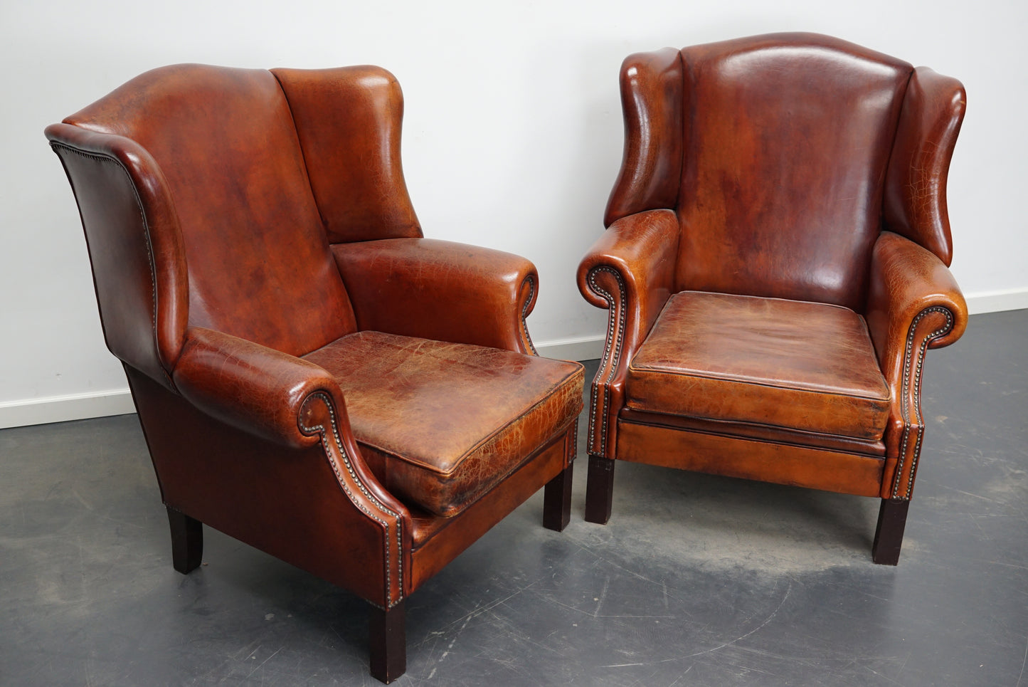 Vintage Dutch Cognac Leather Wingback Club Chairs, Set of 2