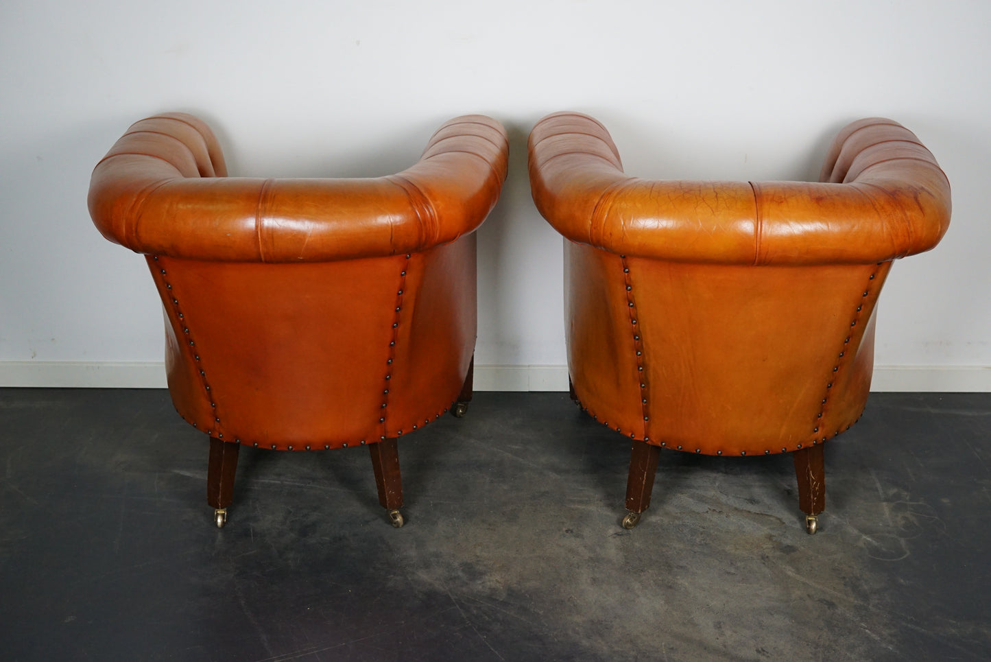 Vintage Dutch Chesterfield Cognac Leather Club Chairs, Set of 2
